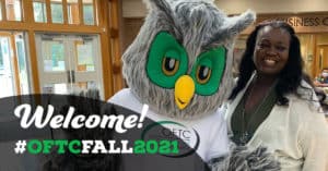 Vice President of Student Affairs Dr. Saketha Adams with OFTC mascot Ollie on the first day of class